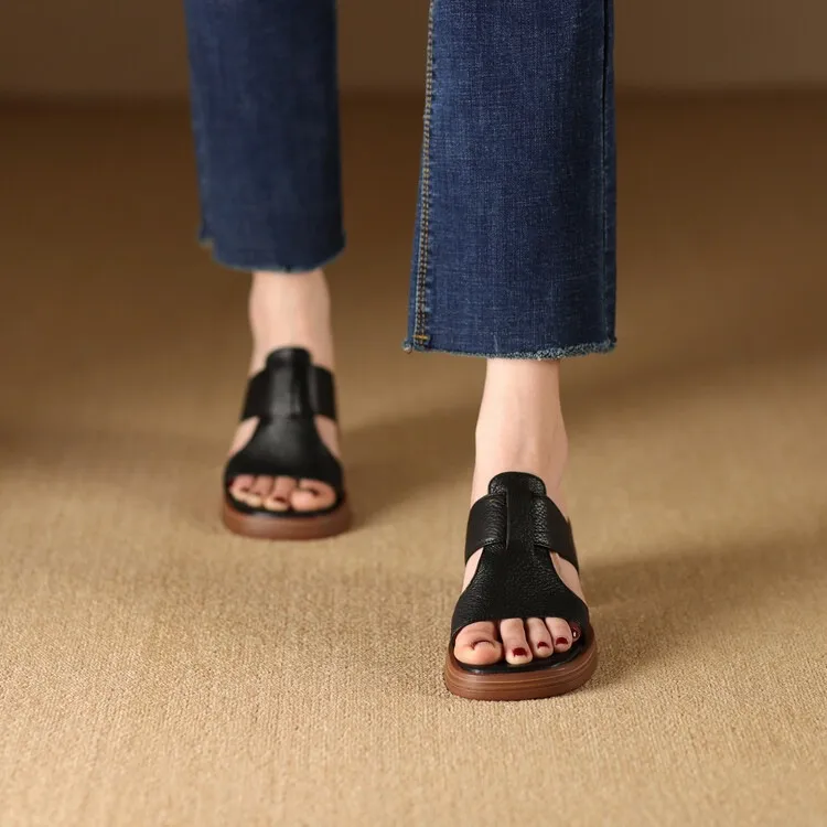 Summer chunky heel round toe waterproof platform slippers sheepskin women's shoes retro mid-heel sandals for outdoor wear