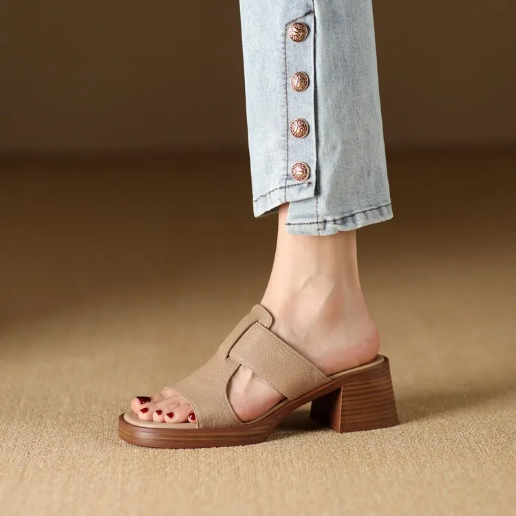 Summer chunky heel round toe waterproof platform slippers sheepskin women's shoes retro mid-heel sandals for outdoor wear
