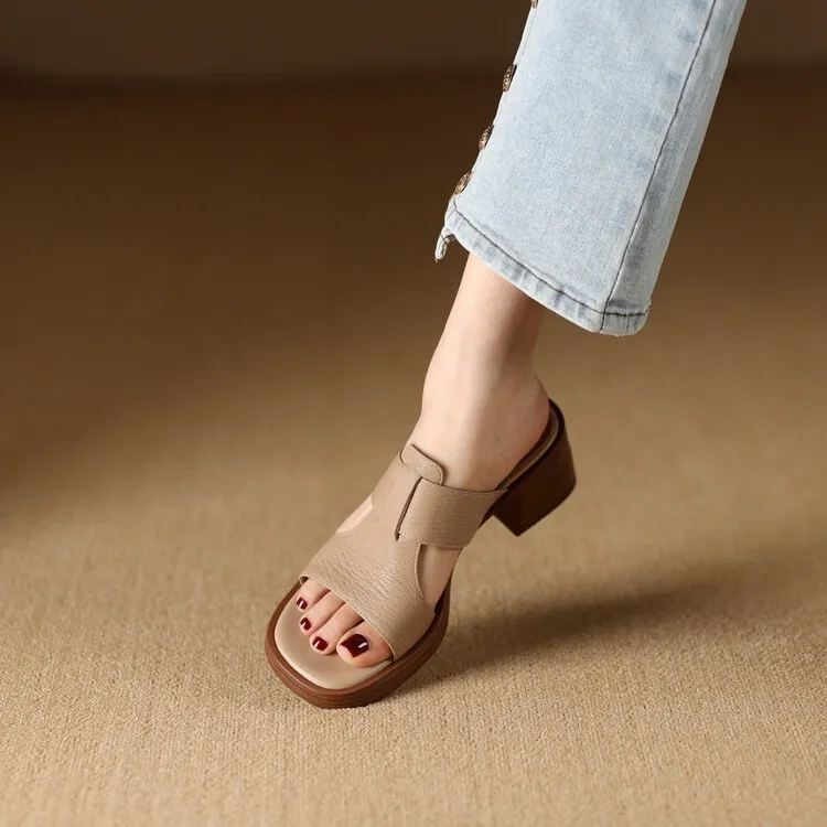 Summer chunky heel round toe waterproof platform slippers sheepskin women's shoes retro mid-heel sandals for outdoor wear
