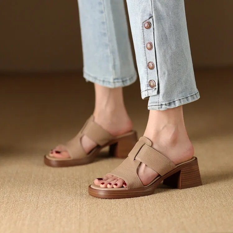 Summer chunky heel round toe waterproof platform slippers sheepskin women's shoes retro mid-heel sandals for outdoor wear