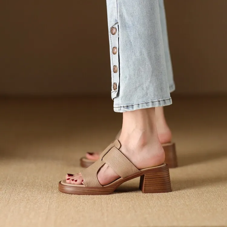 Summer chunky heel round toe waterproof platform slippers sheepskin women's shoes retro mid-heel sandals for outdoor wear
