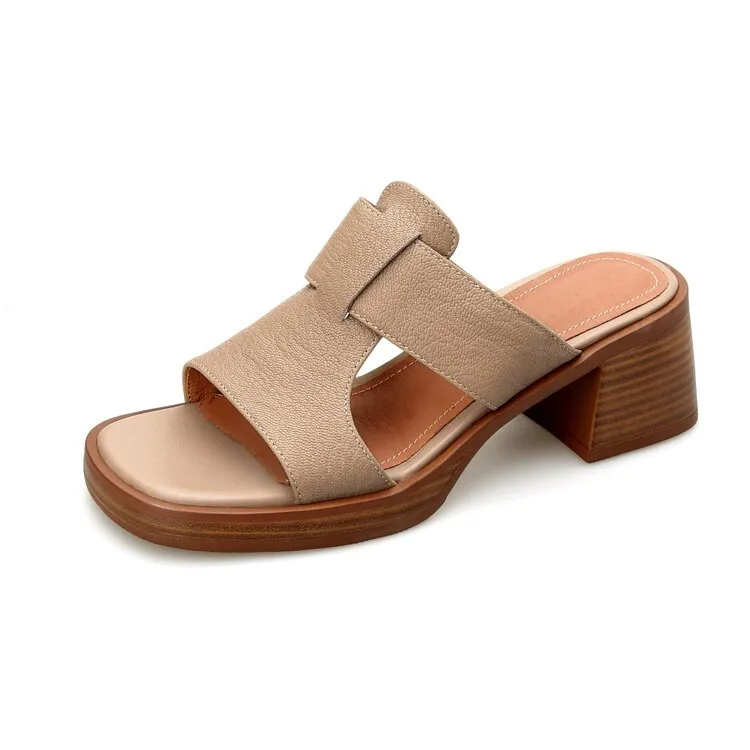 Summer chunky heel round toe waterproof platform slippers sheepskin women's shoes retro mid-heel sandals for outdoor wear