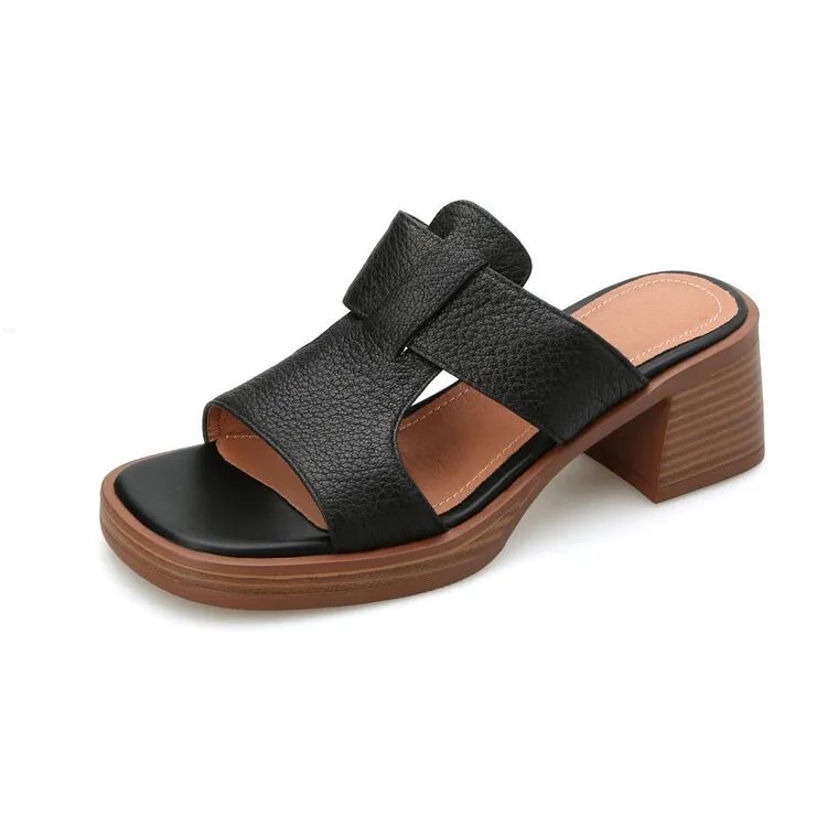 Summer chunky heel round toe waterproof platform slippers sheepskin women's shoes retro mid-heel sandals for outdoor wear