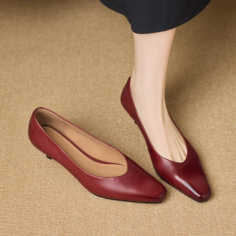 Spring square-toe low-cut fashion single shoes, mid-heel cowhide stiletto heels, women's fashion shoes, sizes 3-9N40