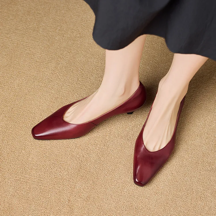 Spring square-toe low-cut fashion single shoes, mid-heel cowhide stiletto heels, women's fashion shoes, sizes 3-9N40