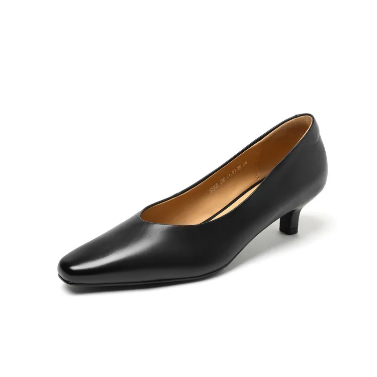 Spring square-toe low-cut fashion single shoes, mid-heel cowhide stiletto heels, women's fashion shoes, sizes 3-9N40