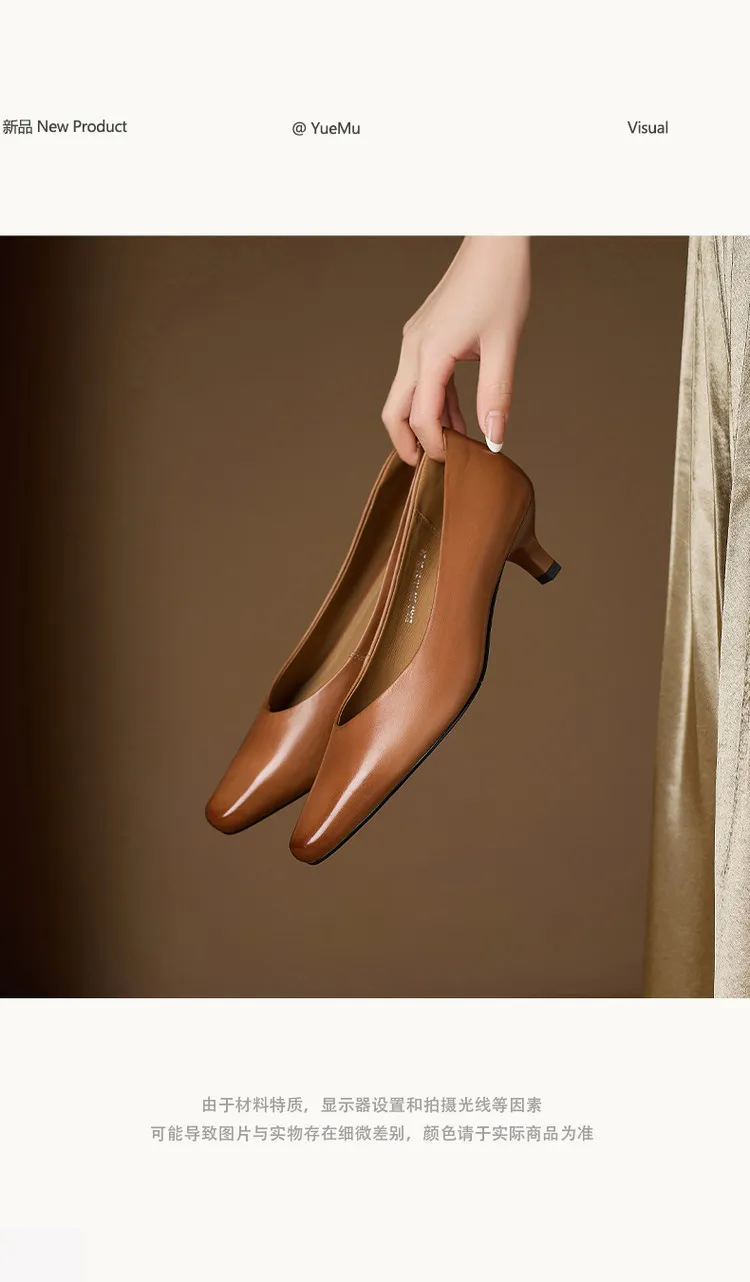 Spring square-toe low-cut fashion single shoes, mid-heel cowhide stiletto heels, women's fashion shoes, sizes 3-9N40