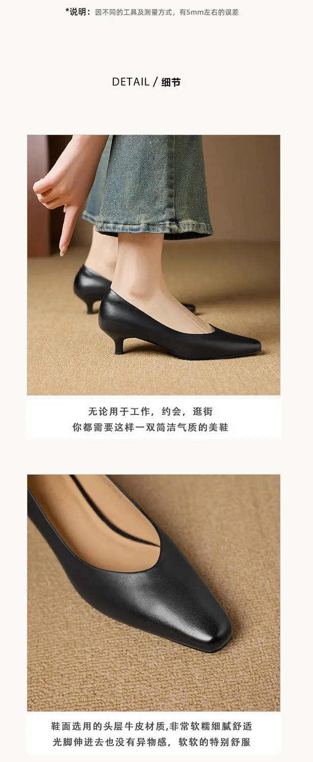 Spring square-toe low-cut fashion single shoes, mid-heel cowhide stiletto heels, women's fashion shoes, sizes 3-9N40