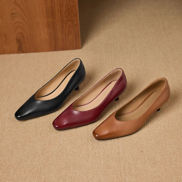 Spring square-toe low-cut fashion single shoes, mid-heel cowhide stiletto heels, women's fashion shoes, sizes 3-9N40