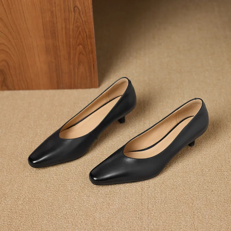 Spring square-toe low-cut fashion single shoes, mid-heel cowhide stiletto heels, women's fashion shoes, sizes 3-9N40