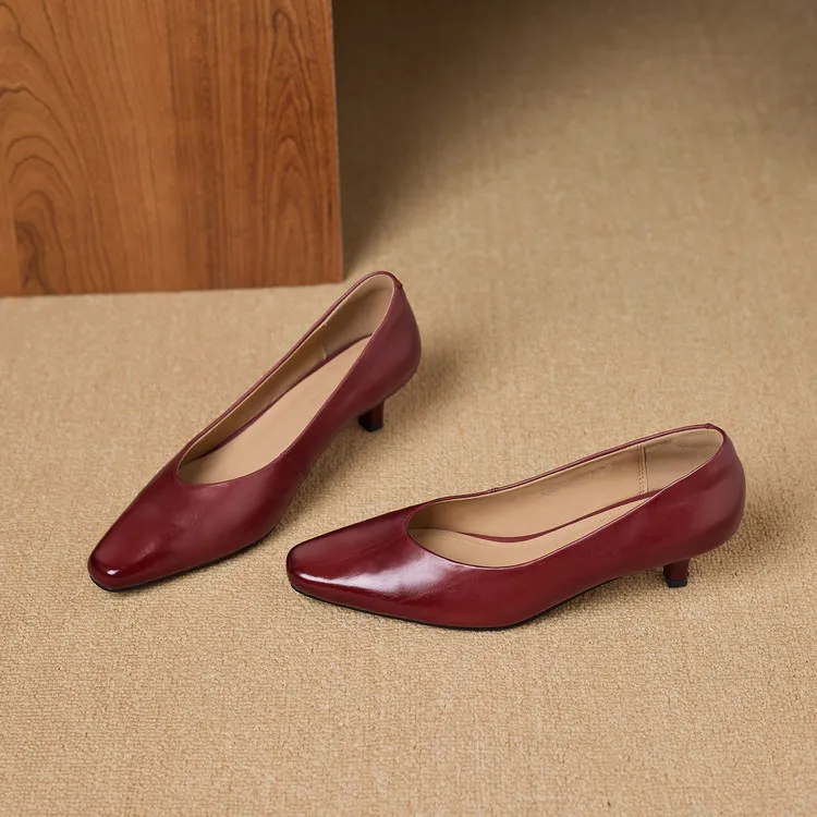 Spring square-toe low-cut fashion single shoes, mid-heel cowhide stiletto heels, women's fashion shoes, sizes 3-9N40