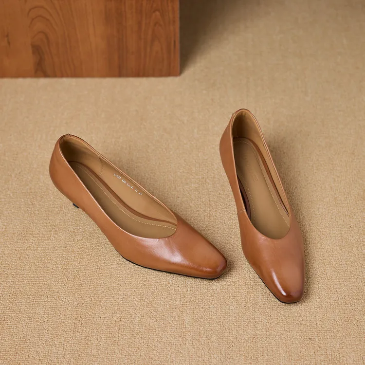 Spring square-toe low-cut fashion single shoes, mid-heel cowhide stiletto heels, women's fashion shoes, sizes 3-9N40