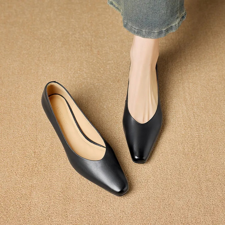 Spring square-toe low-cut fashion single shoes, mid-heel cowhide stiletto heels, women's fashion shoes, sizes 3-9N40