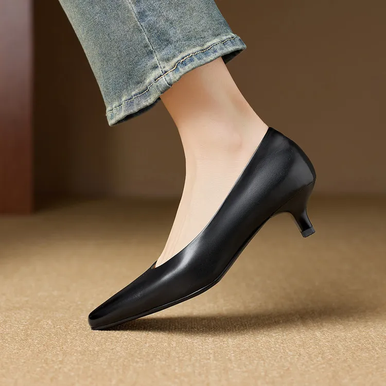 Spring square-toe low-cut fashion single shoes, mid-heel cowhide stiletto heels, women's fashion shoes, sizes 3-9N40