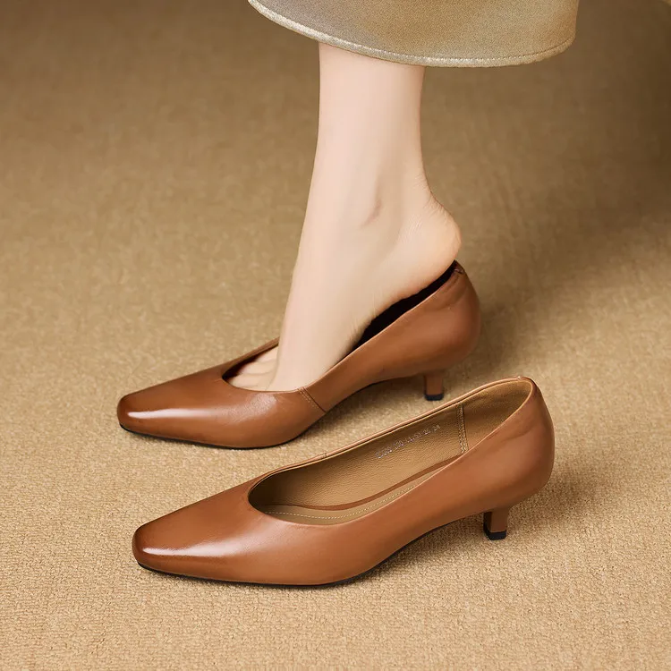 Spring square-toe low-cut fashion single shoes, mid-heel cowhide stiletto heels, women's fashion shoes, sizes 3-9N40