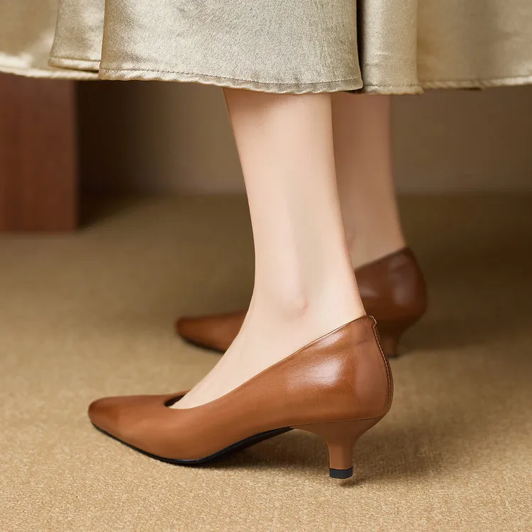 Spring square-toe low-cut fashion single shoes, mid-heel cowhide stiletto heels, women's fashion shoes, sizes 3-9N40