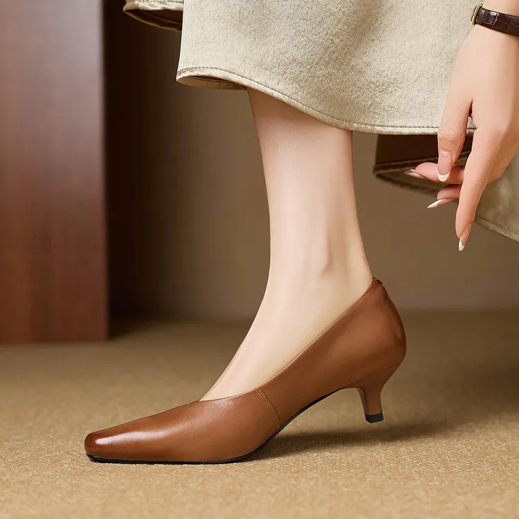 Spring square-toe low-cut fashion single shoes, mid-heel cowhide stiletto heels, women's fashion shoes, sizes 3-9N40