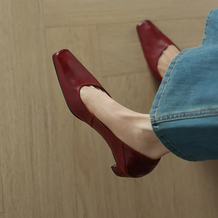 Early Spring Single Shoes, Square Toe, Chunky Heel, High Heel, Leather Fashion Women's Shoes, 3-7c