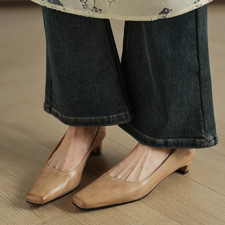 Early Spring Single Shoes, Square Toe, Chunky Heel, High Heel, Leather Fashion Women's Shoes, 3-7c