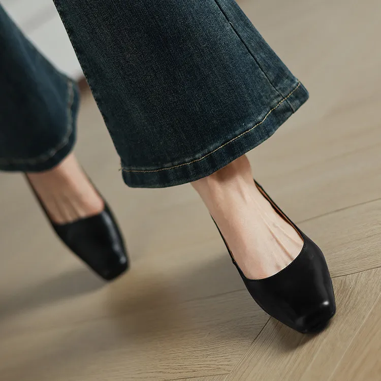 Early Spring Single Shoes, Square Toe, Chunky Heel, High Heel, Leather Fashion Women's Shoes, 3-7c
