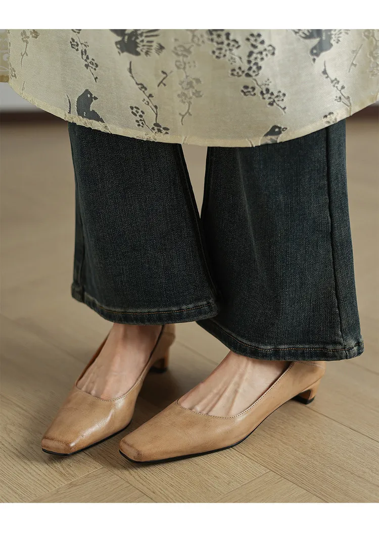 Early Spring Single Shoes, Square Toe, Chunky Heel, High Heel, Leather Fashion Women's Shoes, 3-7c