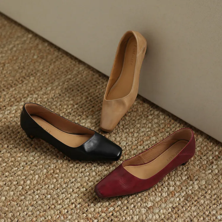 Early Spring Single Shoes, Square Toe, Chunky Heel, High Heel, Leather Fashion Women's Shoes, 3-7c
