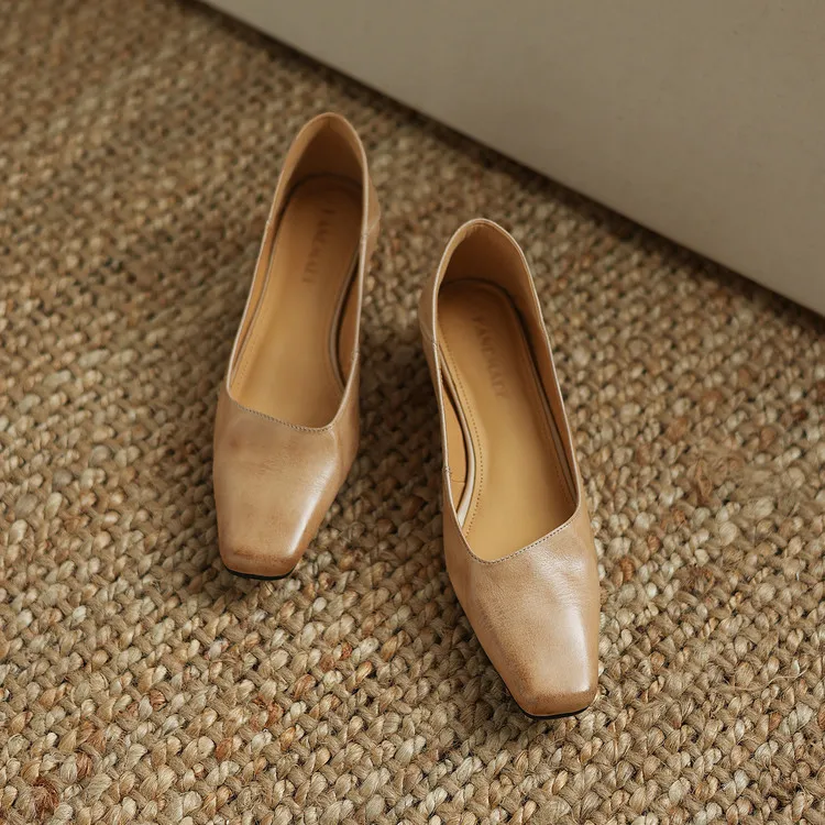 Early Spring Single Shoes, Square Toe, Chunky Heel, High Heel, Leather Fashion Women's Shoes, 3-7c