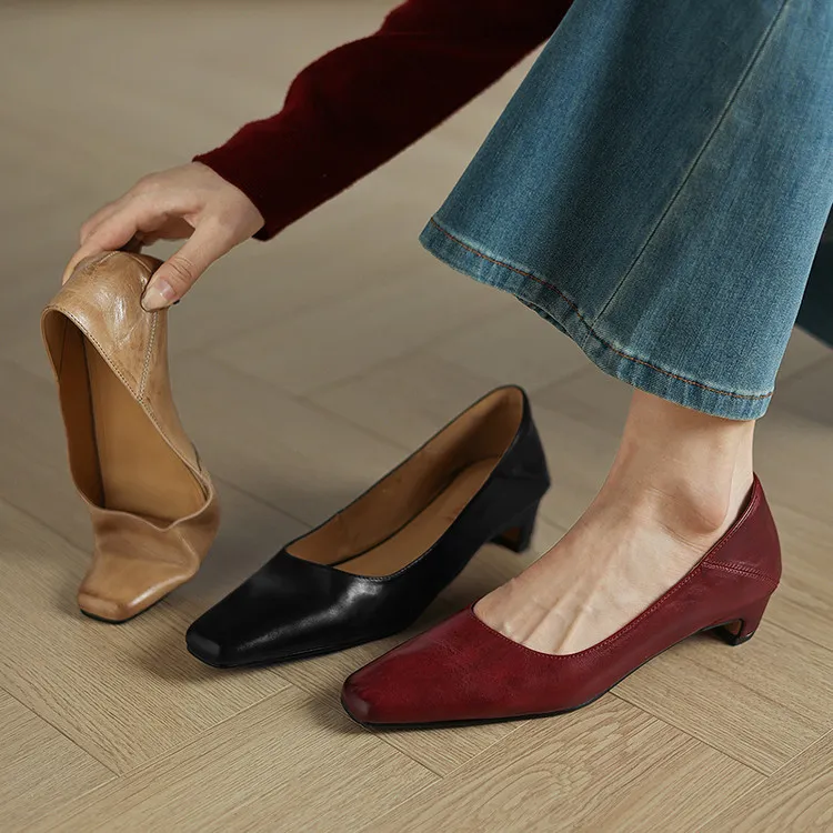 Early Spring Single Shoes, Square Toe, Chunky Heel, High Heel, Leather Fashion Women's Shoes, 3-7c