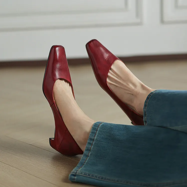Early Spring Single Shoes, Square Toe, Chunky Heel, High Heel, Leather Fashion Women's Shoes, 3-7c