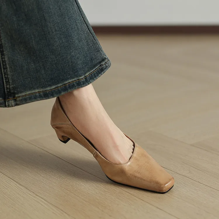 Early Spring Single Shoes, Square Toe, Chunky Heel, High Heel, Leather Fashion Women's Shoes, 3-7c