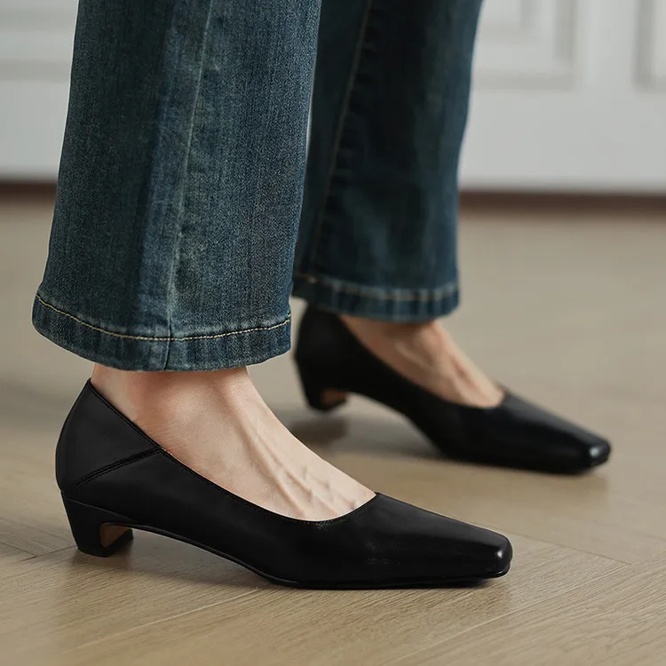 Early Spring Single Shoes, Square Toe, Chunky Heel, High Heel, Leather Fashion Women's Shoes, 3-7c