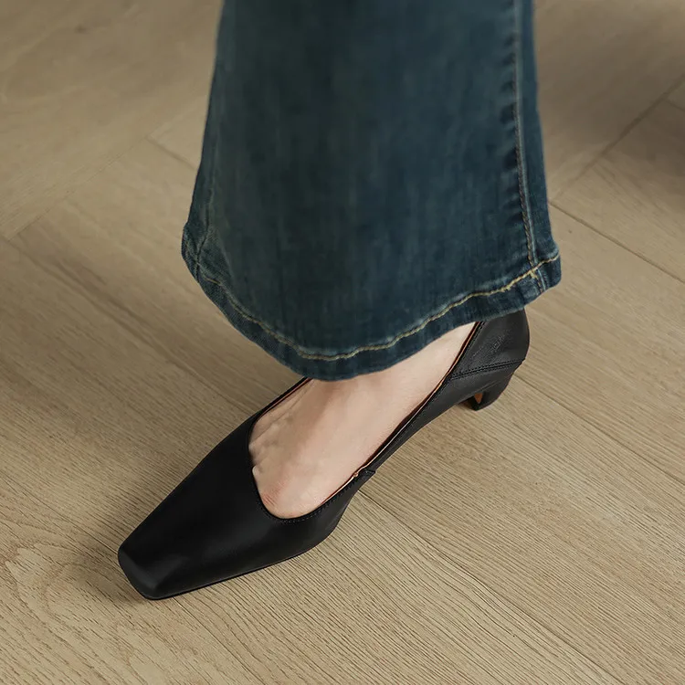 Early Spring Single Shoes, Square Toe, Chunky Heel, High Heel, Leather Fashion Women's Shoes, 3-7c