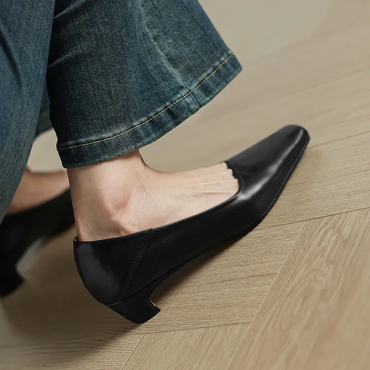 Early Spring Single Shoes, Square Toe, Chunky Heel, High Heel, Leather Fashion Women's Shoes, 3-7c