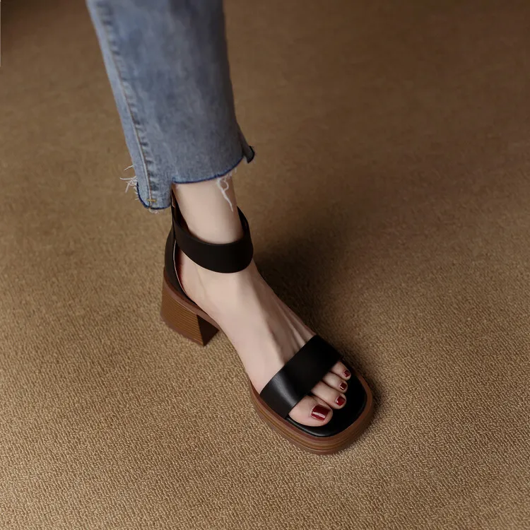 Summer hollow sandals, chunky heels, high heels, platform soles, buckles, cowhide fashion women's shoes, 3-9r