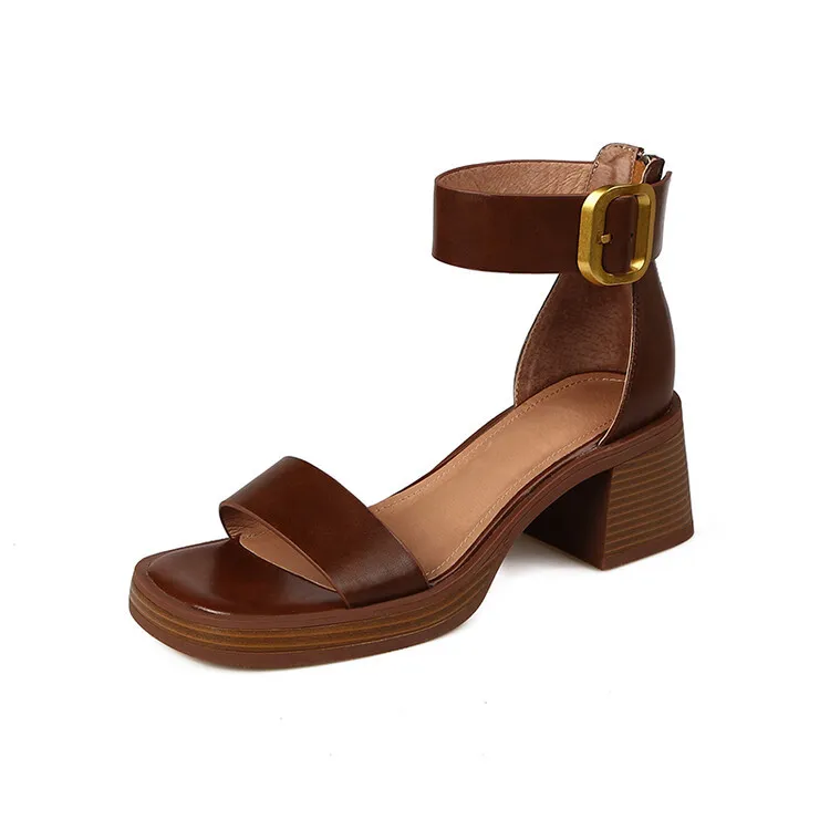 Summer hollow sandals, chunky heels, high heels, platform soles, buckles, cowhide fashion women's shoes, 3-9r