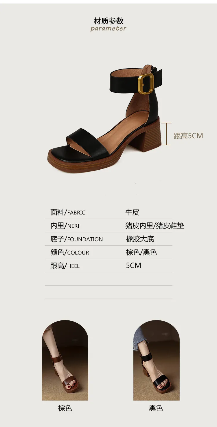 Summer hollow sandals, chunky heels, high heels, platform soles, buckles, cowhide fashion women's shoes, 3-9r