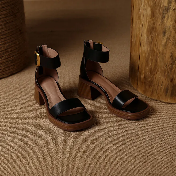 Summer hollow sandals, chunky heels, high heels, platform soles, buckles, cowhide fashion women's shoes, 3-9r