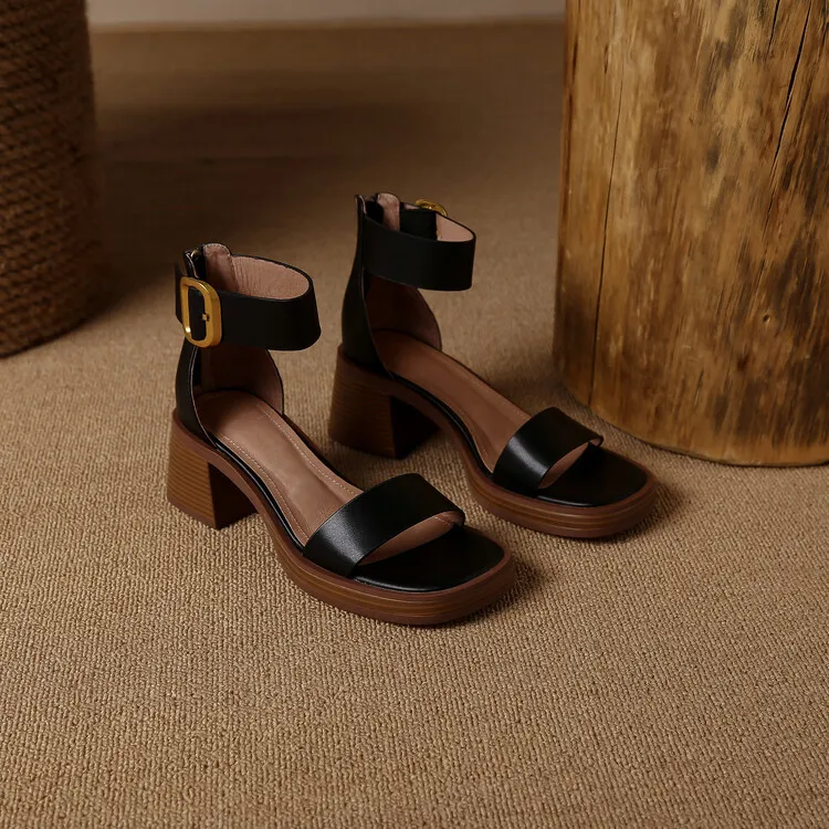 Summer hollow sandals, chunky heels, high heels, platform soles, buckles, cowhide fashion women's shoes, 3-9r