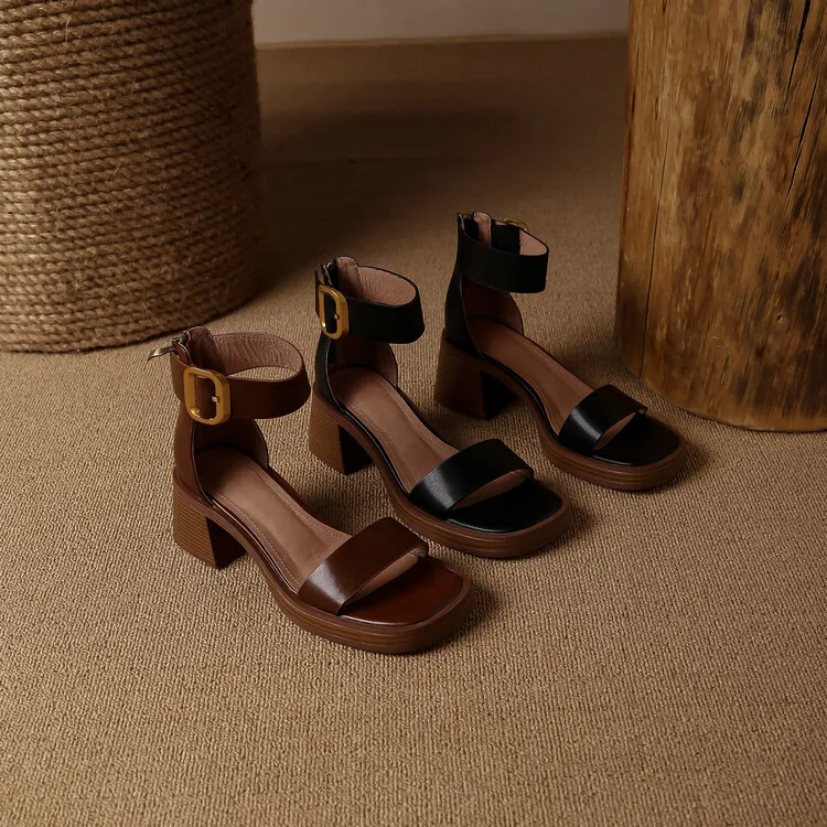 Summer hollow sandals, chunky heels, high heels, platform soles, buckles, cowhide fashion women's shoes, 3-9r