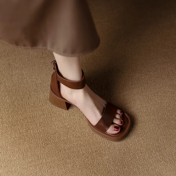 Summer hollow sandals, chunky heels, high heels, platform soles, buckles, cowhide fashion women's shoes, 3-9r