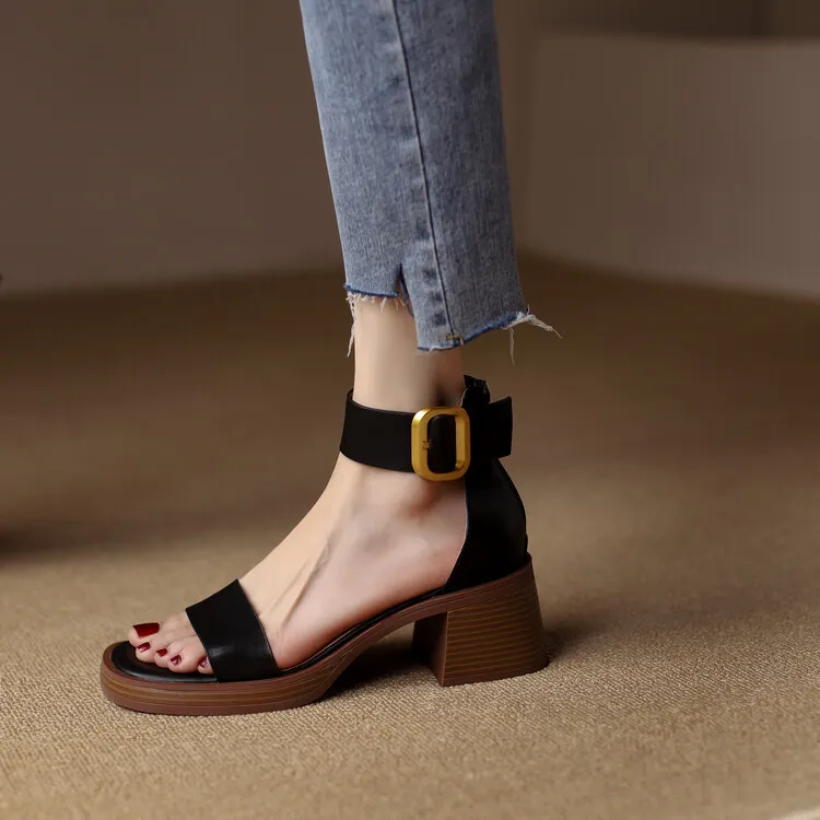 Summer hollow sandals, chunky heels, high heels, platform soles, buckles, cowhide fashion women's shoes, 3-9r