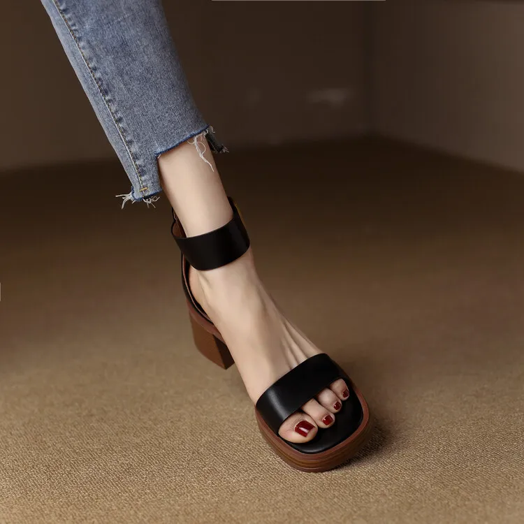 Summer hollow sandals, chunky heels, high heels, platform soles, buckles, cowhide fashion women's shoes, 3-9r