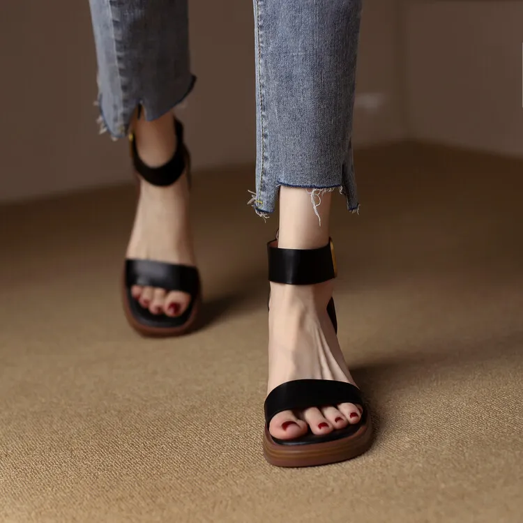 Summer hollow sandals, chunky heels, high heels, platform soles, buckles, cowhide fashion women's shoes, 3-9r