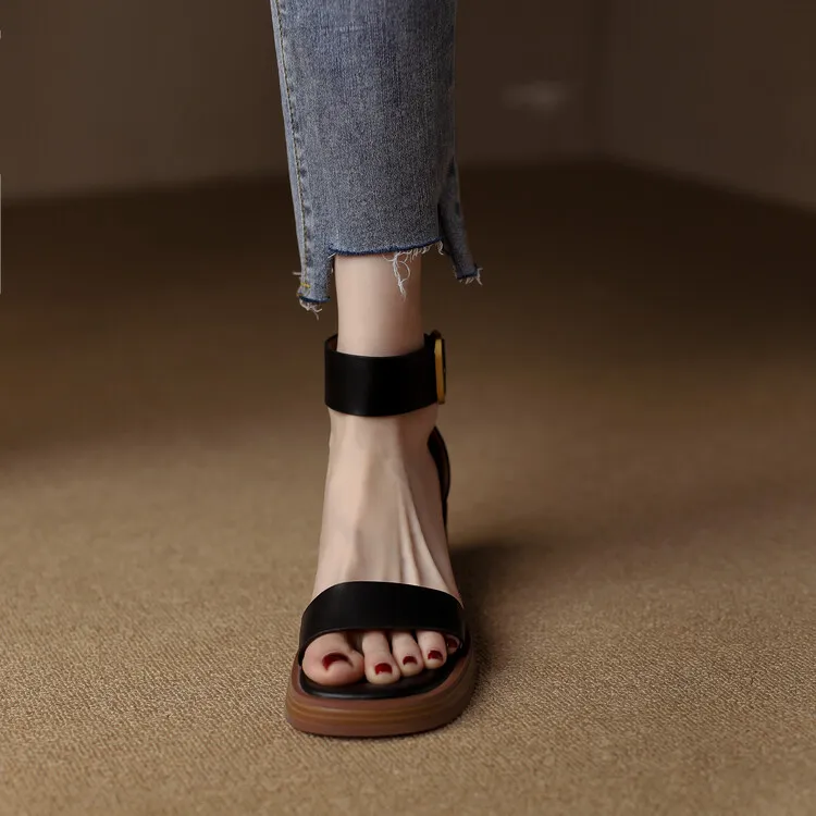 Summer hollow sandals, chunky heels, high heels, platform soles, buckles, cowhide fashion women's shoes, 3-9r