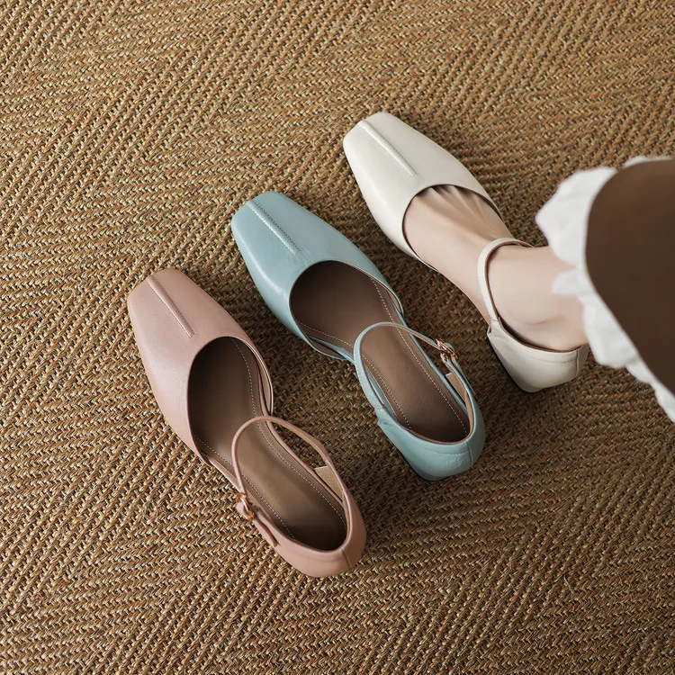 Summer sandals, chunky heel, high heel, square toe, buckle, genuine leather, fashion women's shoes, style 3-12b.