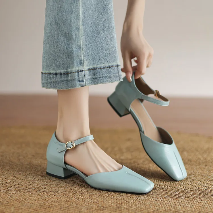 Summer sandals, chunky heel, high heel, square toe, buckle, genuine leather, fashion women's shoes, style 3-12b.