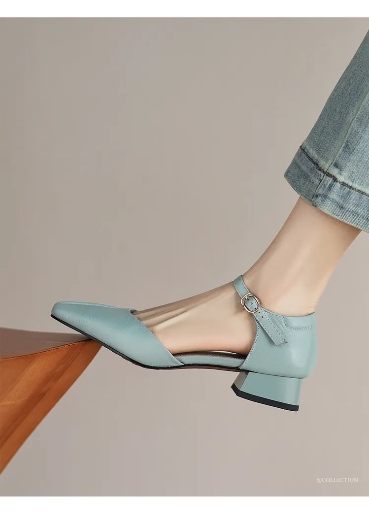 Summer sandals, chunky heel, high heel, square toe, buckle, genuine leather, fashion women's shoes, style 3-12b.