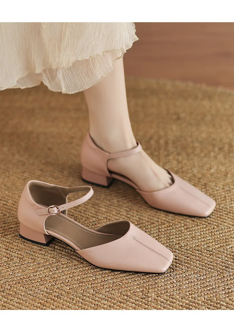 Summer sandals, chunky heel, high heel, square toe, buckle, genuine leather, fashion women's shoes, style 3-12b.