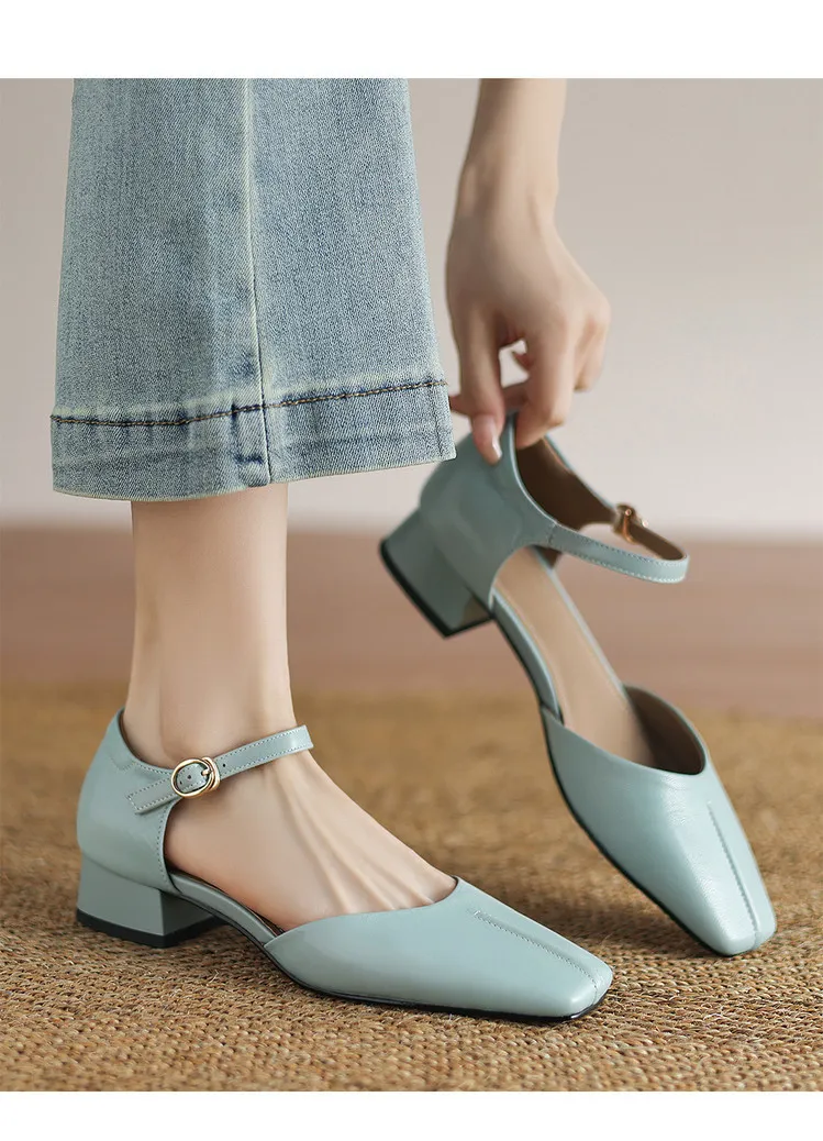 Summer sandals, chunky heel, high heel, square toe, buckle, genuine leather, fashion women's shoes, style 3-12b.