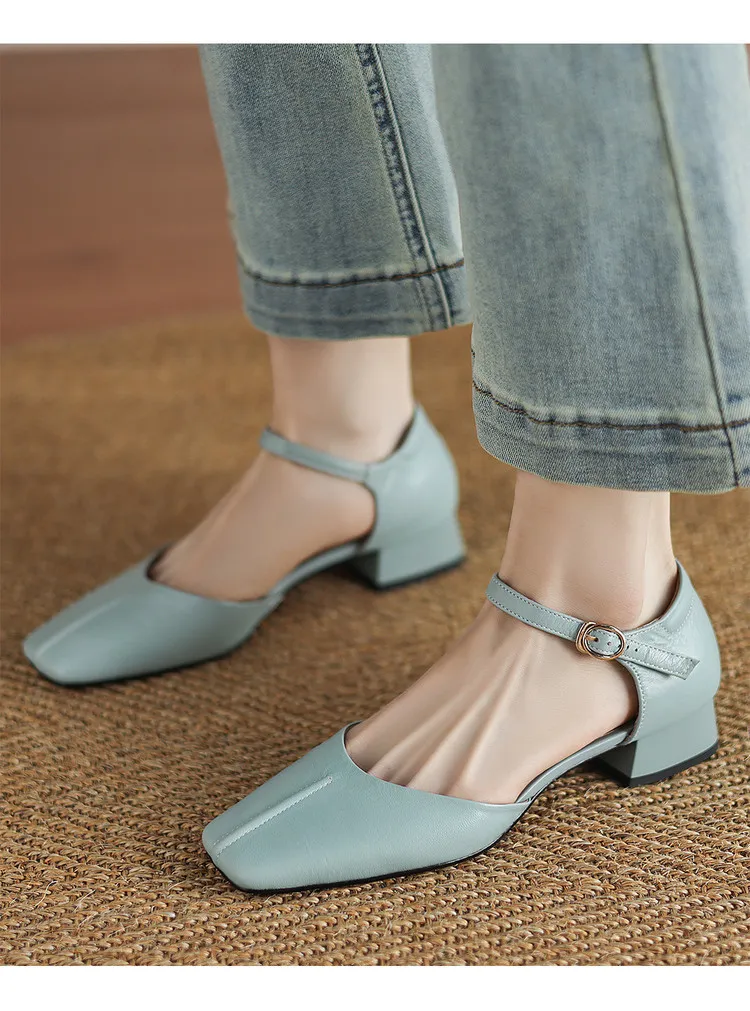 Summer sandals, chunky heel, high heel, square toe, buckle, genuine leather, fashion women's shoes, style 3-12b.